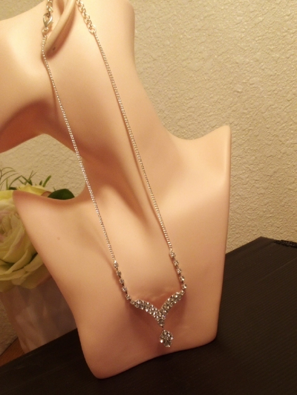 Silver Crystal V-Shaped Pendant Necklace - Women Jewelry